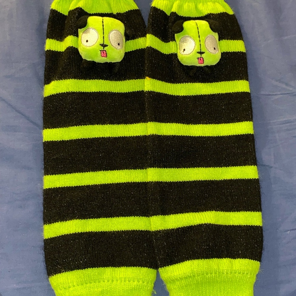 Green and Black Striped Leg/Arm warmers with Cartoon Face